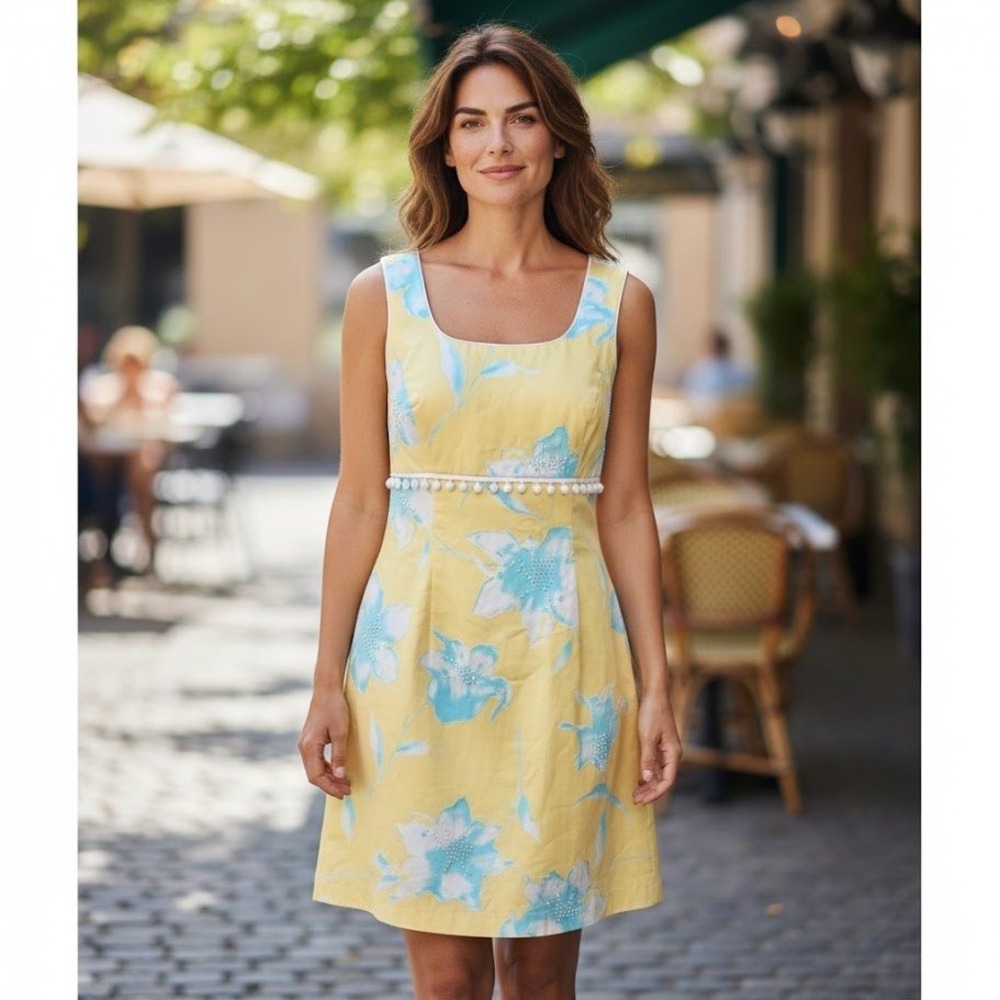 Jade Melody Shift Dress Womens 8 Yellow Blue Floral Beaded Empire Waist Mini